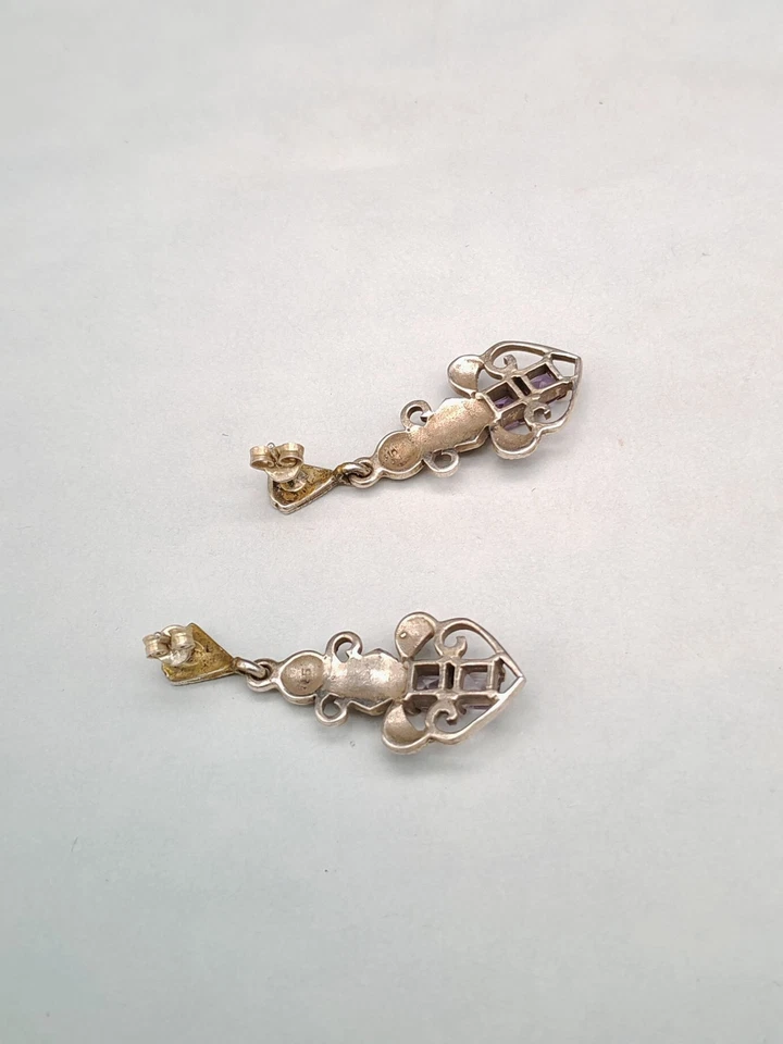 Orecchini donna vintage argento 925 ametista marcasite pendenti - Immagine 4 di 4