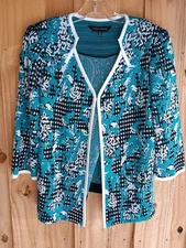 Ming Wang Sz. S Knit Cardigan Jacket Teal/Black/White Clasp Front