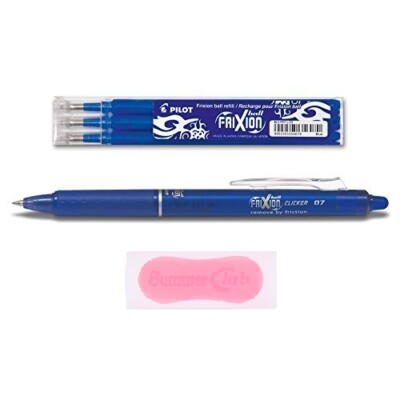 1 Pilot Frixion Clicker 0.7 blau + 3 Ersatzminen 0.7 blau + gratis Radierer pink