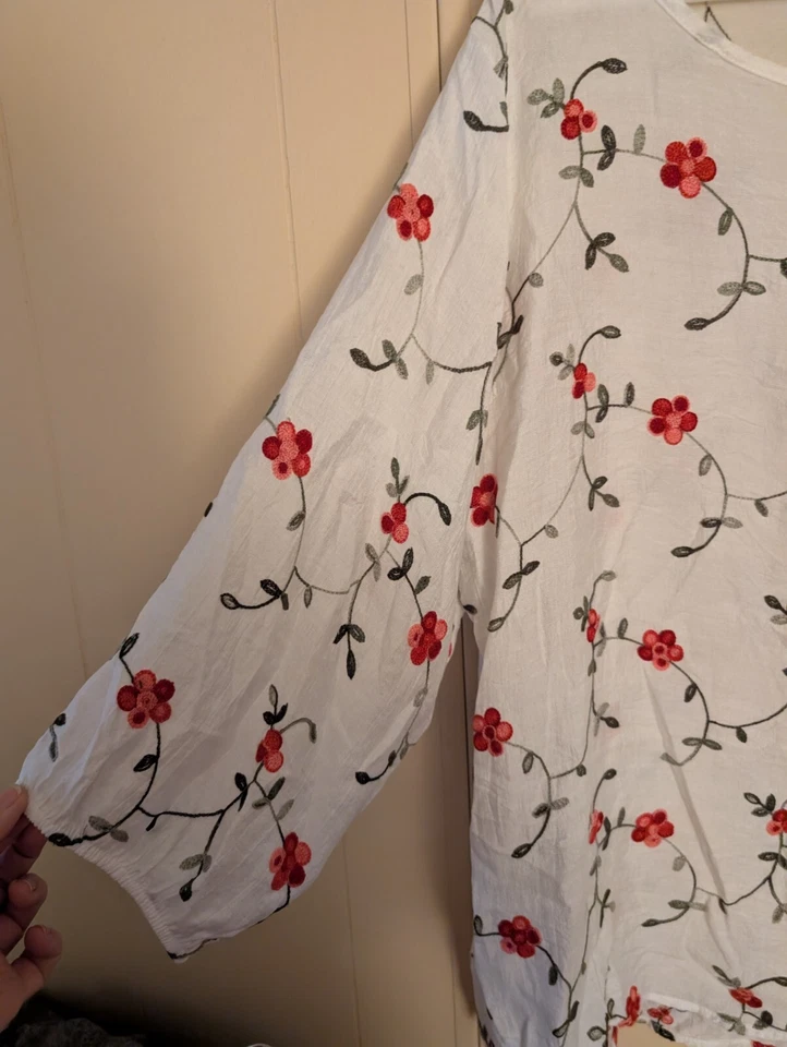 Blusa ANA & ROSE Bordada Flores Floral Blanca Boho Talla 3XL Transparente Encubrimiento Foto 4 de 4