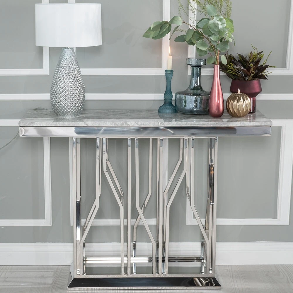 Vortex Grey Marble and Chrome Console Table For Living Room Hallway
