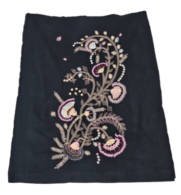 Black Skirt w/ Floral Beading & Embroidery Linen/Rayon Fits 6XL Waist: 56''  Boho