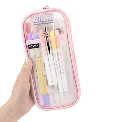 EASTHILL Grid Mesh Pen Pencil Case with Zipper Clear Makeup Color Pouch Pink