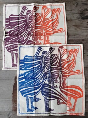 Pair of Bush Range Australia Screenprinted Cotton Napkins Emus