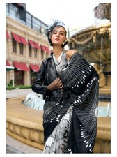 Black White Ajarakh Flower Print Satin Crepe Saree Elegant Ethnic Wear