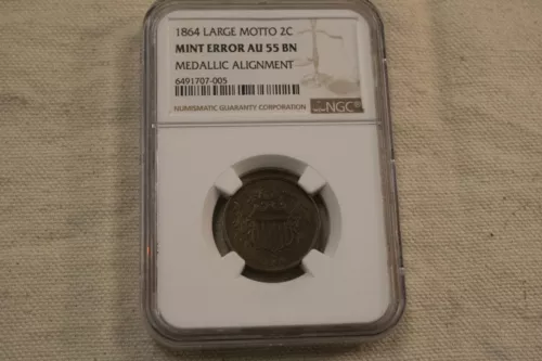 1864 Large Motto 2C Mint Error AU 55 BN Medallic Alignment NGC Certified