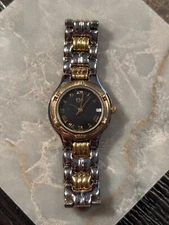 ESQ two tone womens watch with black dial and Roman numerals