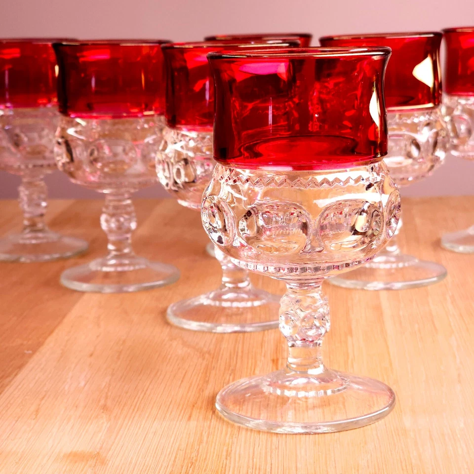 7 Vintage King's Crown Ruby Thumbprint Wine Glasses 5.5" Indiana Glass Co 1960s - Image 3 of 4