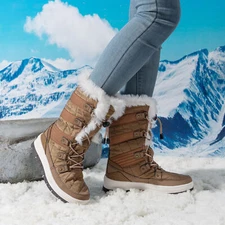 Women's Snow Boots Soft Warm Fur Lined Lace up Mid Calf Outdoor Indoor Ski Boots
