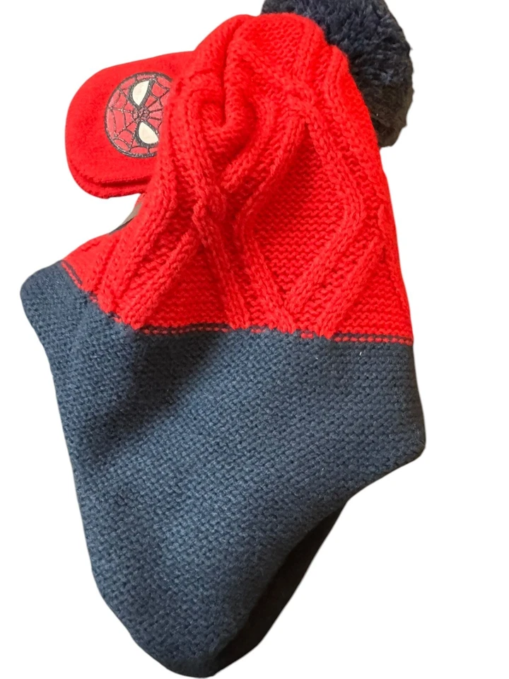 SPIDER-MAN MARVEL  Hat & Gloves Set Knit Winter Pom Beanie NWT  Toddler One Size - Image 3 of 4