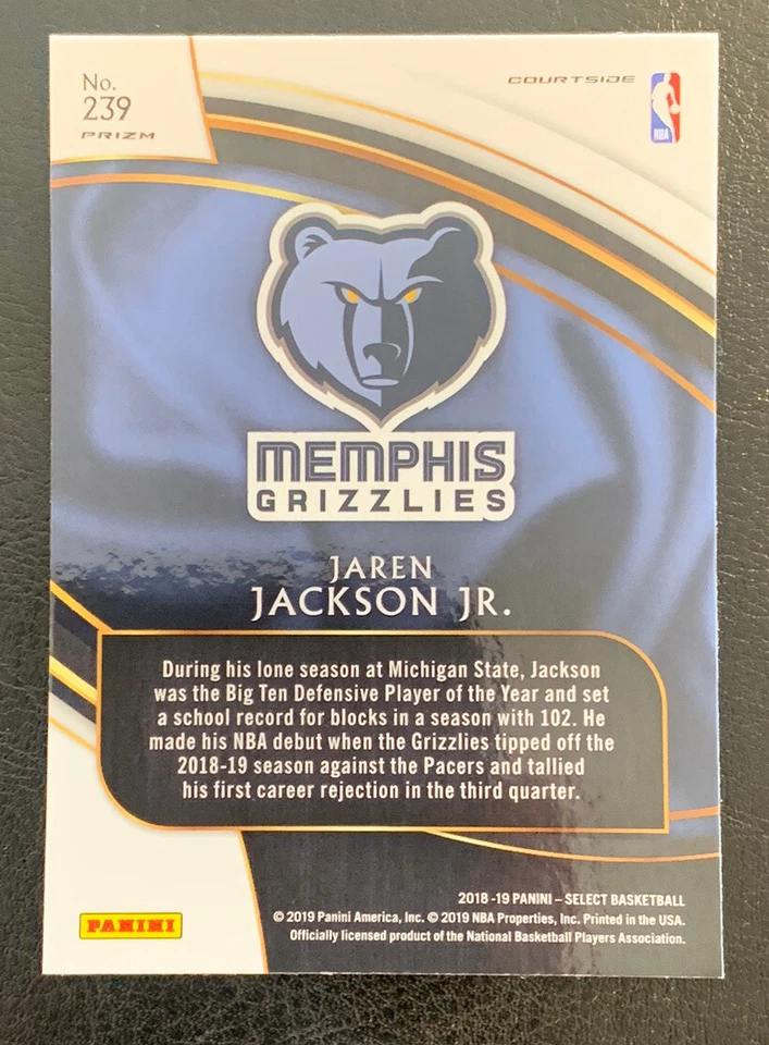 2018-2019 Panini Select JAREN JACKSON JR #239 Rookie Courtside Silver Prizm - SP - Image 3 of 4