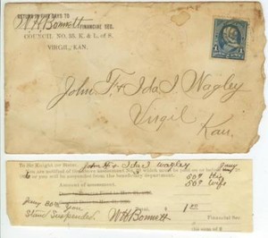 1896 Virgil Kansas Knights & Ladies of Security suspension notice John Wagley 