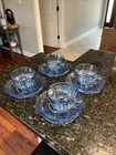 Vintage Set of 4 FEDERAL Blue Depression Glass MADRID Coffee Cup + Saucers 1930s