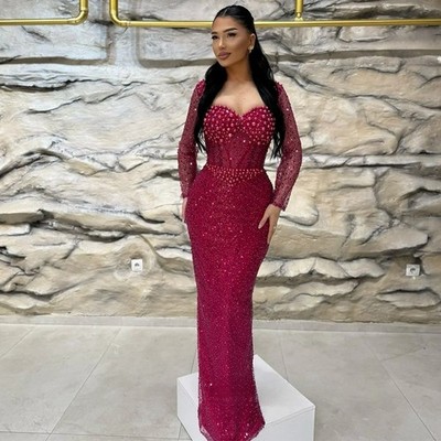 Pearls Intricate Evening Dress Long Sleeves Sweetheart Floor Length Prom Gown