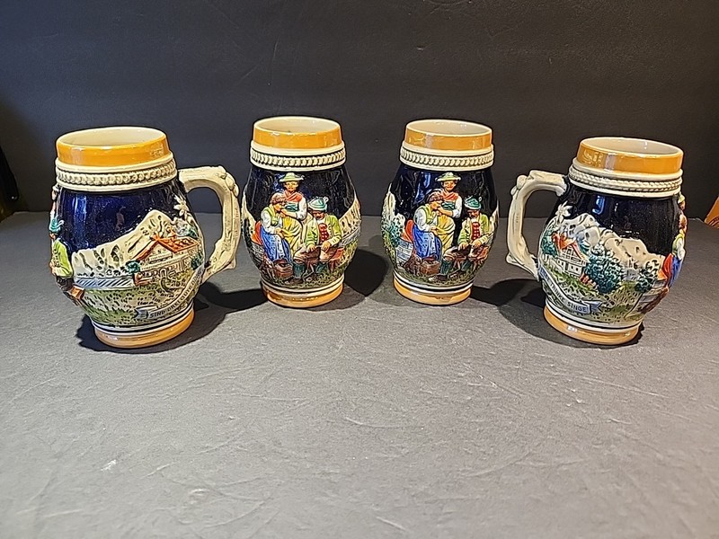 Set of 4 Matching Vtg German Beer Mugs LOVE, DRINK, SING ARE THREE GOOD THINGS