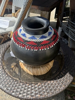 Handmade Oaxacan Black Clay Vase with Intricate Beaded Design   From Mexico