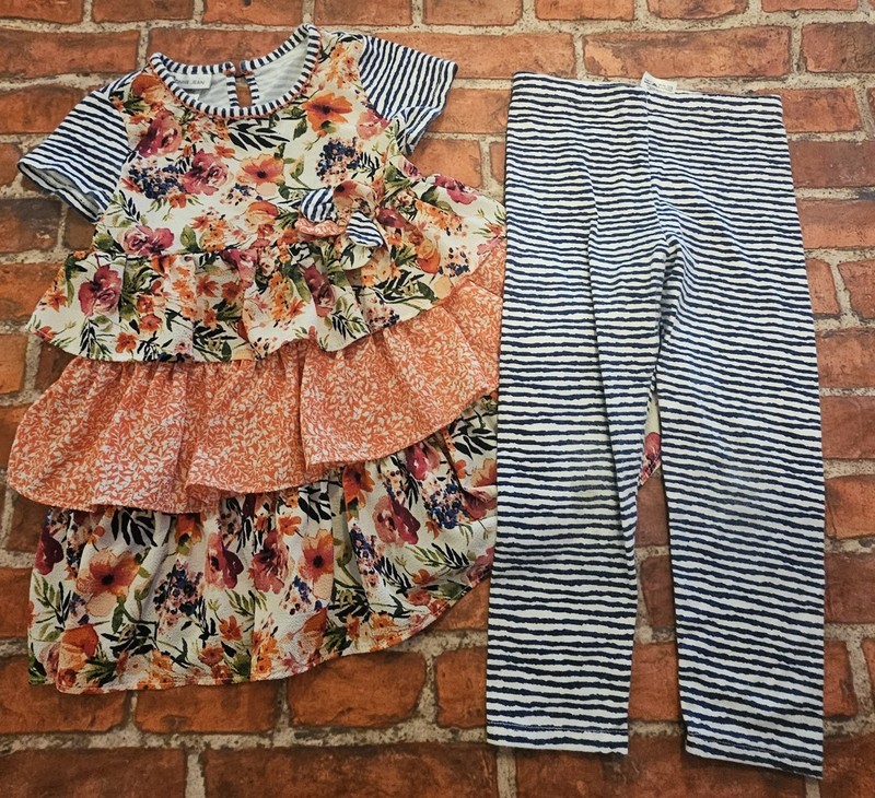 Bonnie Jean Girls 2pc Floral Striped Tiered Ruffle Tunic & Leggings Set sz 5