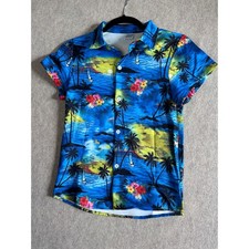 Kids Blue Tropical Sunset Palm Tree Hawaiian Button Down Shirt Size 130 Summer