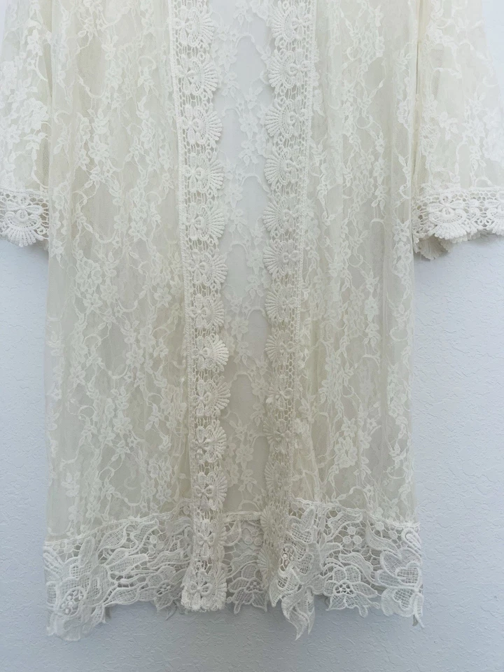 Kimono de renda marfim transparente sobreposição de manga de sino tamanho G resort romântico festival boho - Imagem 4 de 4