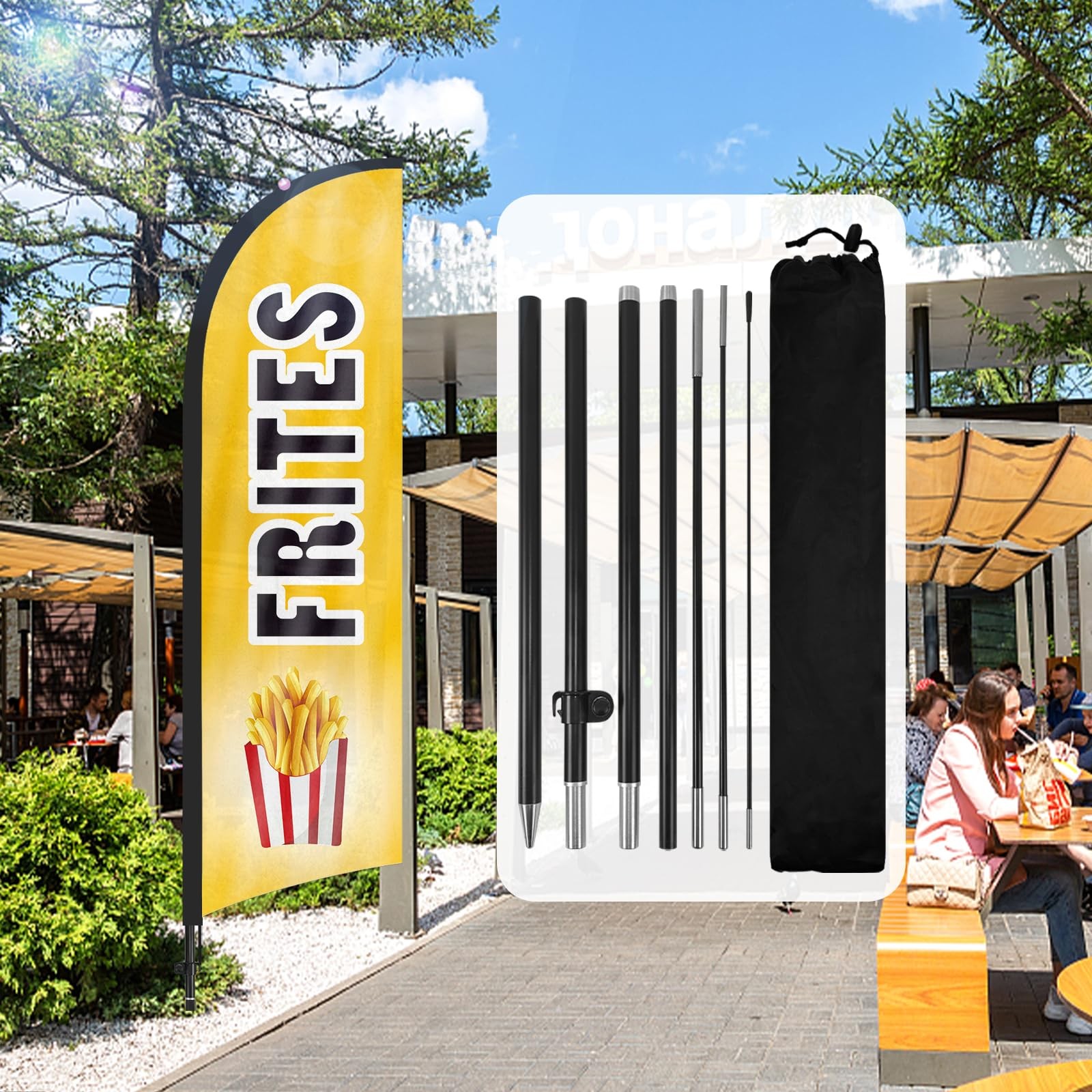 Drapeau publicitaire Frites Plume résistant au vent fort de taille 8FT