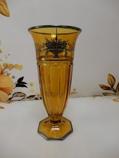 Vintage Antique Amber Glass Tall Vase w/ Silv...