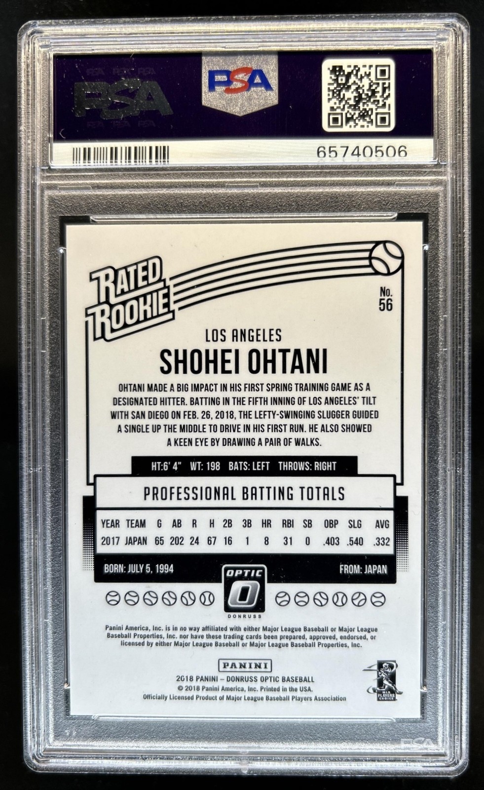 2018 Panini Donruss Optic Shohei Ohtani RC Rated #56 Angels PSA 10 Rookie view 2