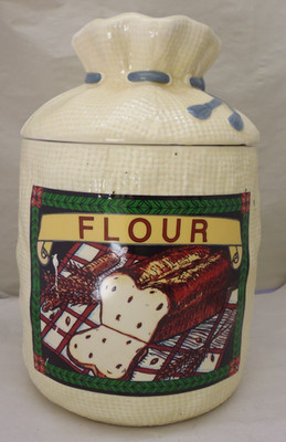 VINTAGE - RAYWARE Burlap Sack Flour Storage Container. Approx 10''tall   i5
