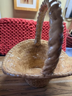 Brown Glazed Ceramic Round Basket Weave Handled Basket, 1 Pack