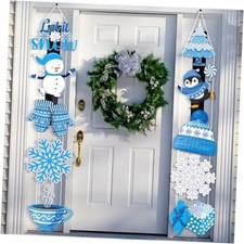 2 Sets Welcome Winter Porch Sign Cute Snowman Blue Snowflake Door Banner Home