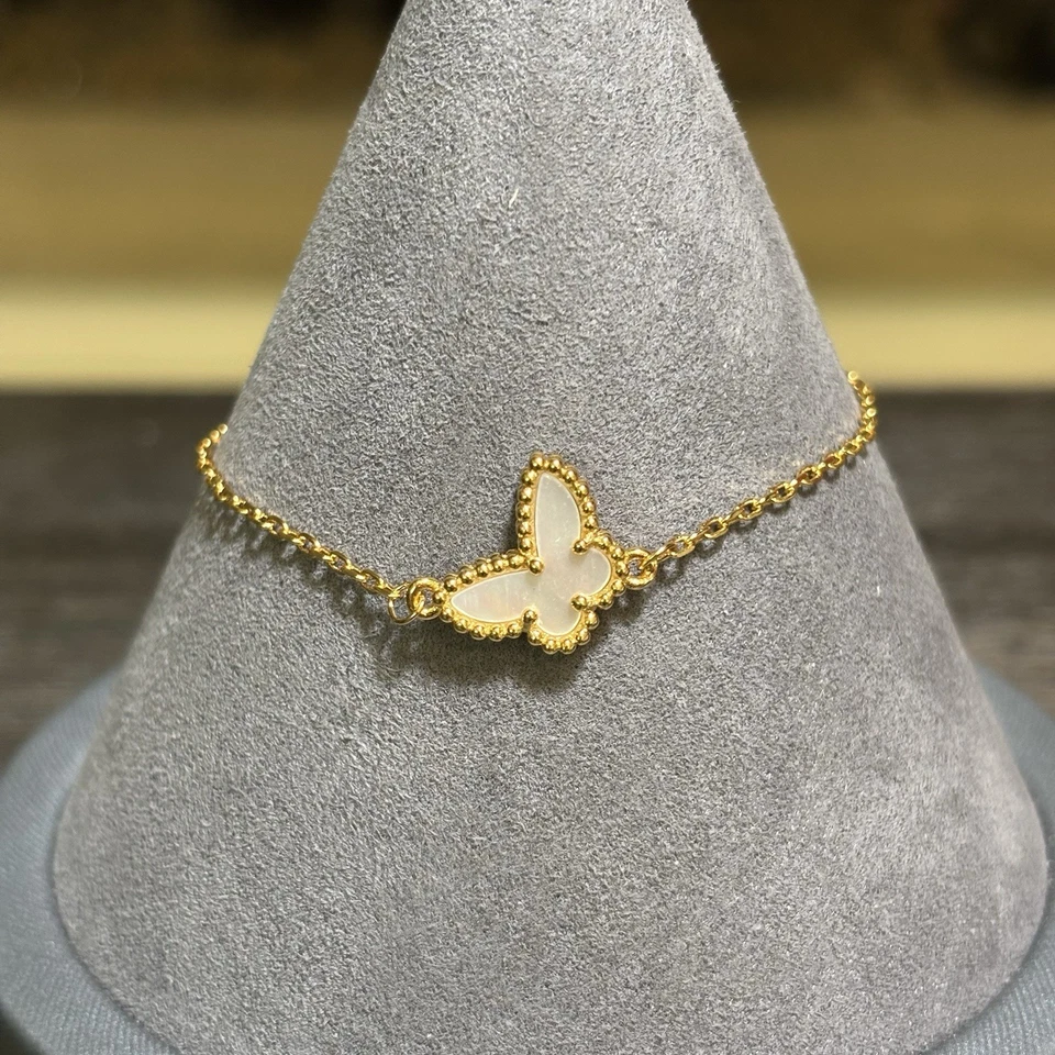 Dainty Butterfly Bracelet, White Mother Of Pearl, Gold Chain, New, 6.5” 7.5” - Image 2 of 4