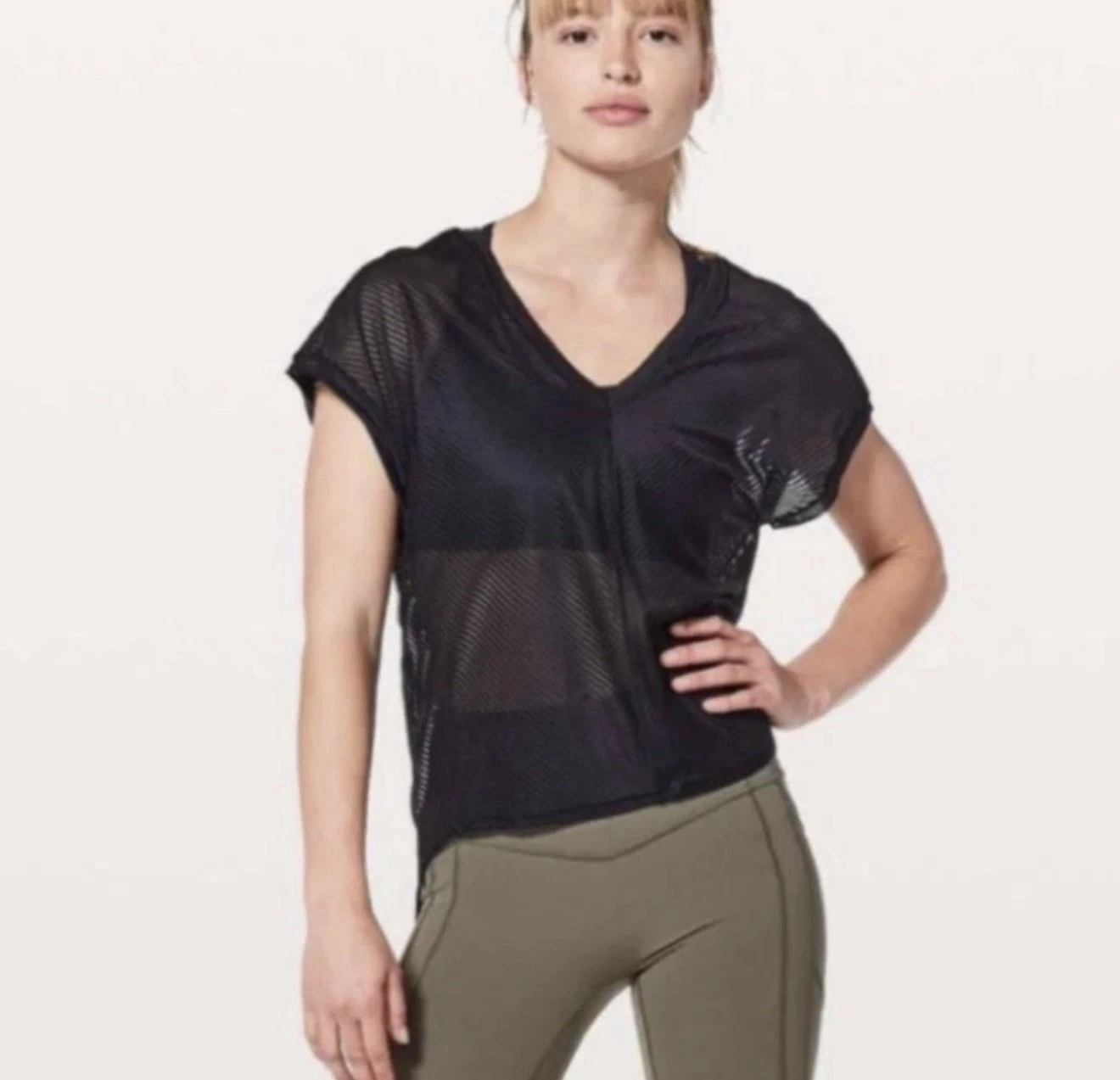 Lululemon Ahead By Miles Short Sleeve T Shirt Womens 6 Black Striped Tie Top