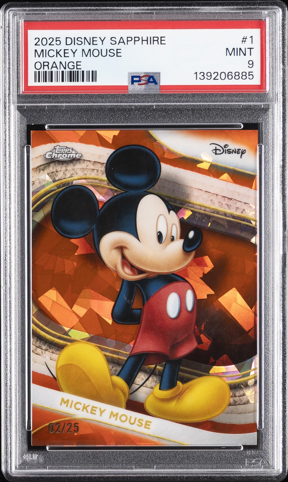 2025 TOPPS CHROME DISNEY SAPPHIRE EDITION ORANGE #1 MICKEY MOUSE 2/25 PSA 9