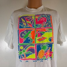 Vintage Hawaii T Shirt Mens Size L White Neon Souvenir Drawing Made USA 90s 1991