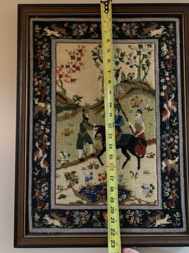 Vtg Handmade Needlepoint Tapestry Persian Style Country Scene Figure On Horsebac - Picture 9 of 14