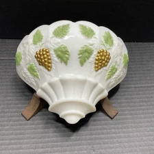 Vtg Westmoreland Milk Glass with Gold Grapes Green Leaves Paneled 8" Wall Pocket