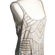 Adrianna Papell Sequin Beaded Flapper Dress Champagne Gold Art Deco Style New WT