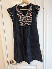 Womens S Embroidered Yoke Peasant Dress Boho Striped Flutter Sleeve Lightweight