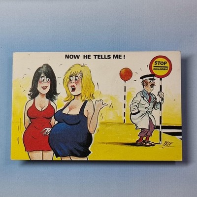 Freche Comic Reitschule Fat Lady Postkarte um 1975 schneller Sprung riskant