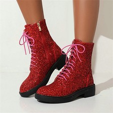 Women's Lace Up Glitter Combat Boots Round Toe Chunky Heel Fashion Winter Shoes