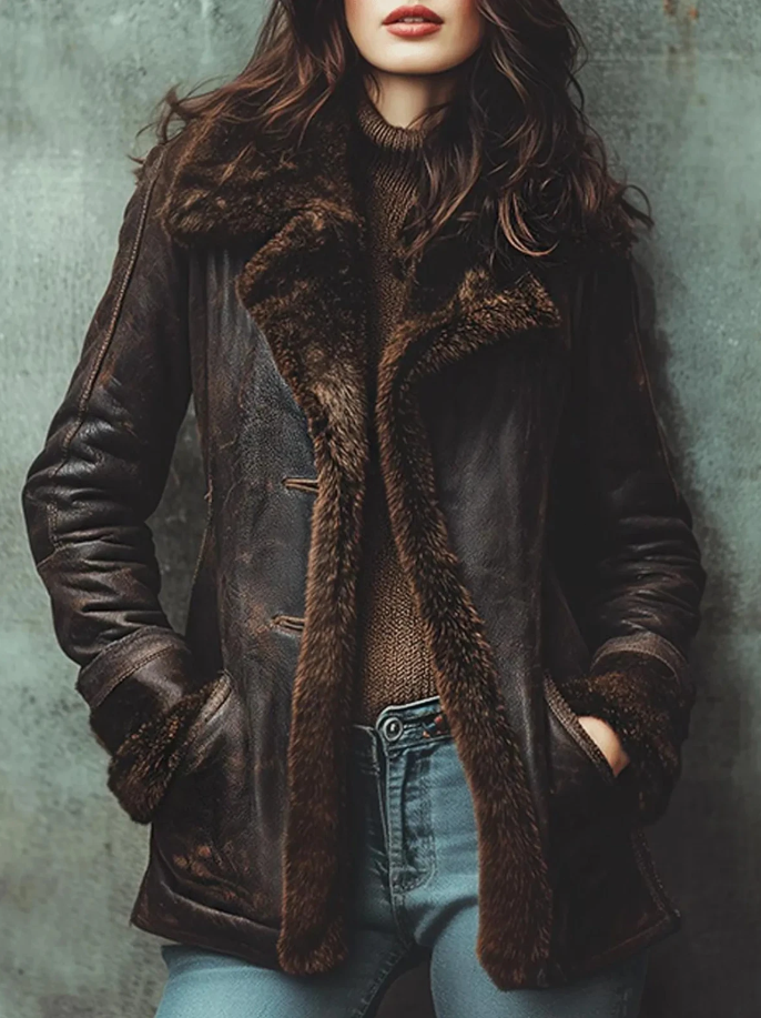 Women’s Shearling Leather Coat – Vintage Brown Sheepskin Jacket with Fur Lining