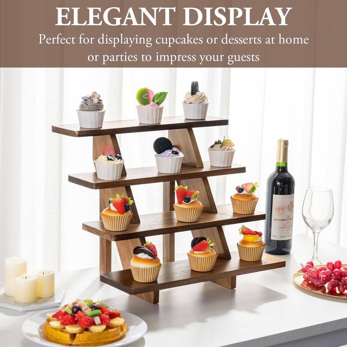 ZYP 4-Tier Wooden Display Stand - Rustic Brown Cupcake Riser, Tool-Free Assembly For Wedding, Party, Home
