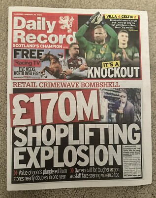 Scottish Daily Record 30th January 2025 30/1/25 Aston Villa Beat