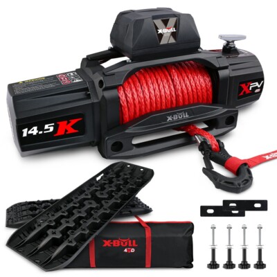 X-BULL Electric Winch 14500LBS 12V Synthetic Rope Towing Recovery Tracks Black