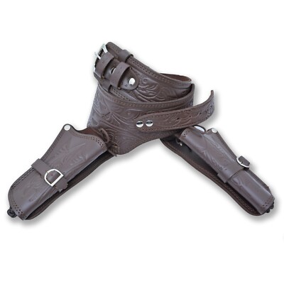 Western Style Cowboy Brown Leather Double Holster with Belt