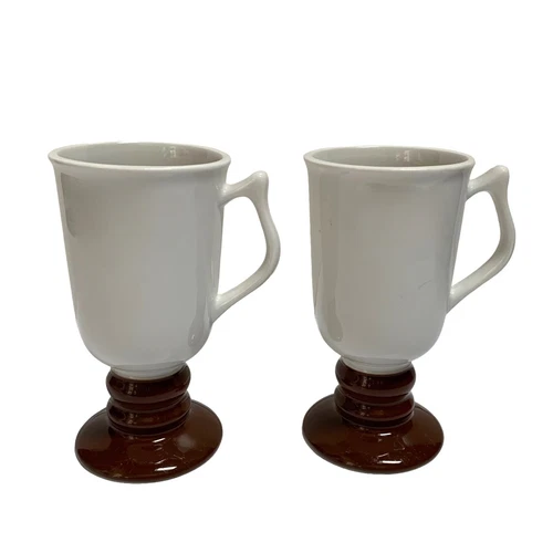 Hall Irish Coffee Mug #1273 White Brown Vintage MCM Footed Cup Set of 2 USA