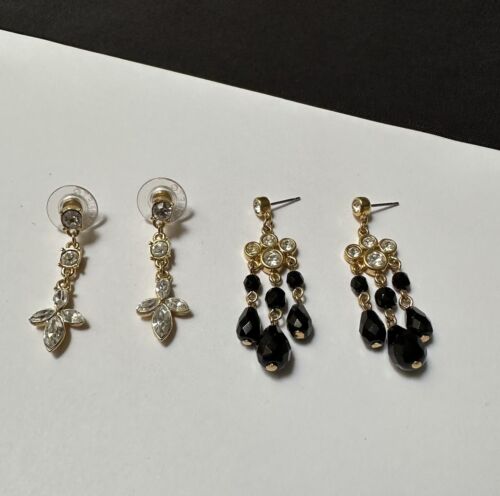 Lot of 2 Monet Rhinestone Dangle Drop Pierced Earrings Gold Tone Signed
