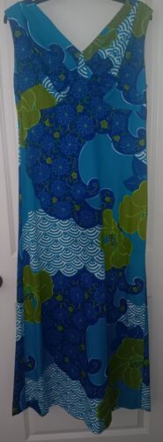 ELSIE KRASSAS Waikiki Vintage 60's Hawaiian Maxi Dress Sz.16 Back Zip Blue/Green