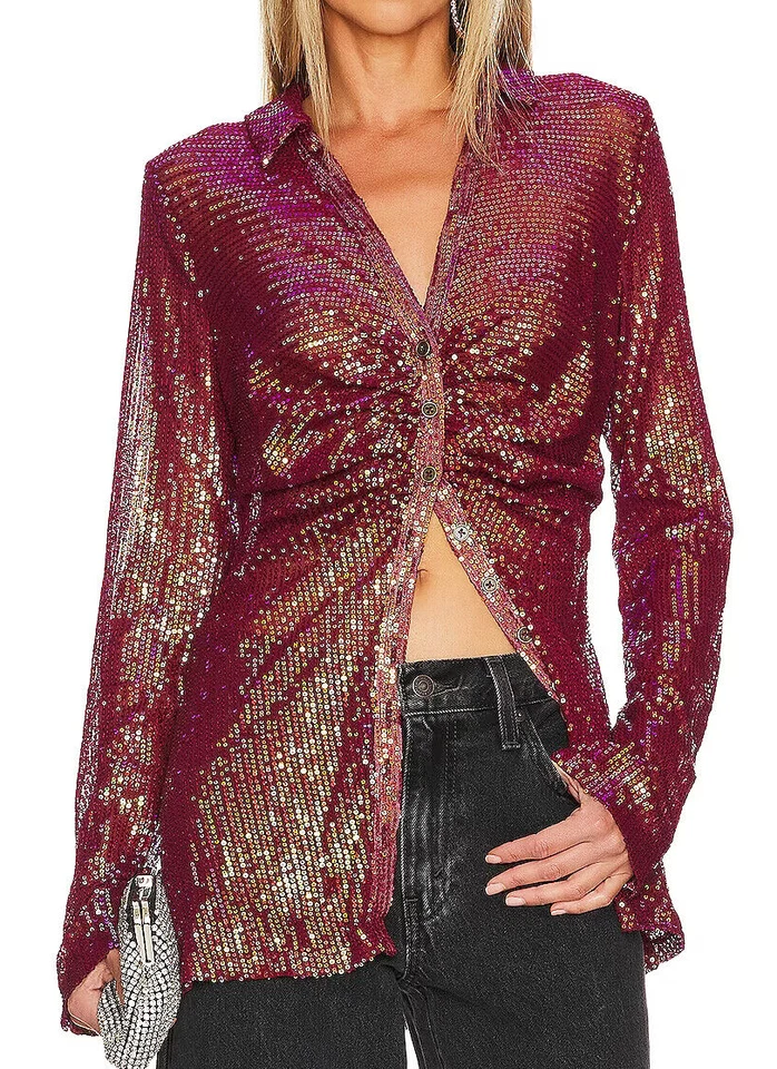 Free People Top Blouse Size UK XS 4 - 6 Sequin Shirtee Semi Sheer Sexy Rhubarb - Image 2 of 4