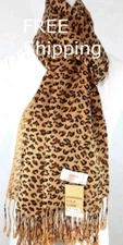 Women's Pashmina Scarf Shawl,Cheetah Leopard Print.Black Brown Silk Cashmere