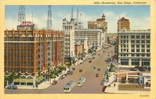 Postcard 1945 California San Diego Broadway Trolley Birdseye autos 23-13845
